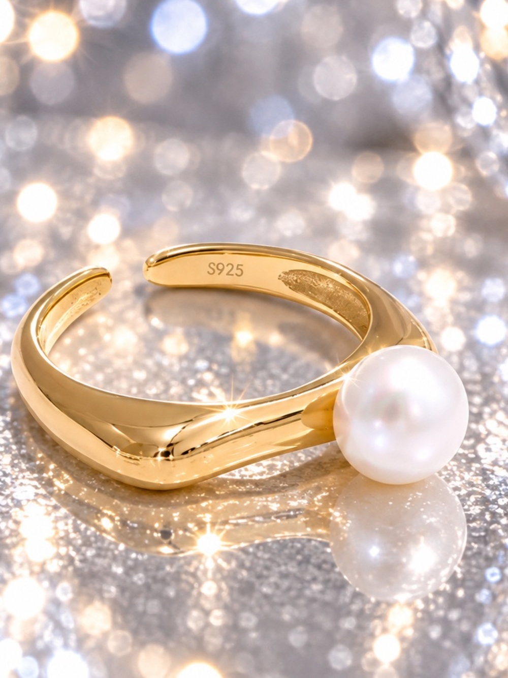 18K Gold Plated Adjustable Pearl Ring | S925 Sterling Silver | Minimalist Statem